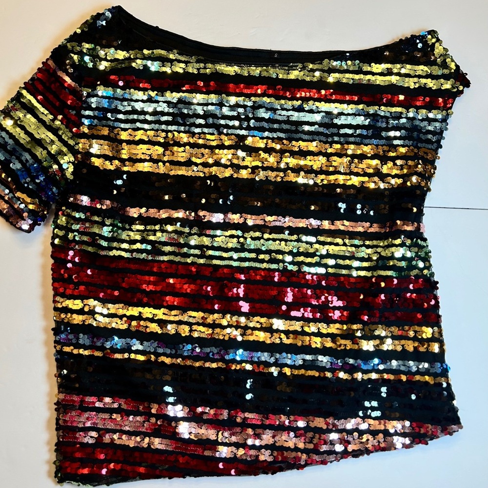 Sparkle Glam Striped‎ Sequin Asymmetrical Top Size S Rainbow Sparkle Party